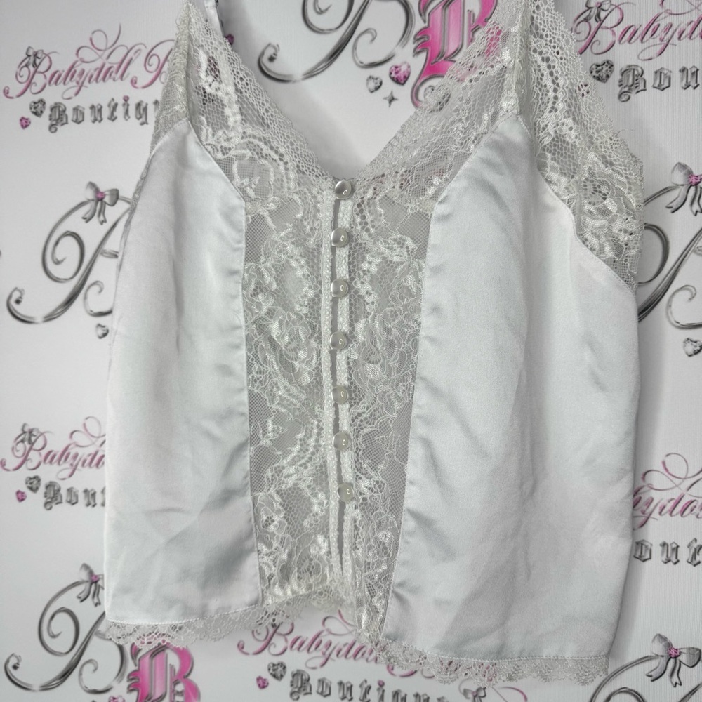 La vie en rose tank top camisole buttons shiny shimmer Lace Trim White Cami Top - Picture 6 of 12